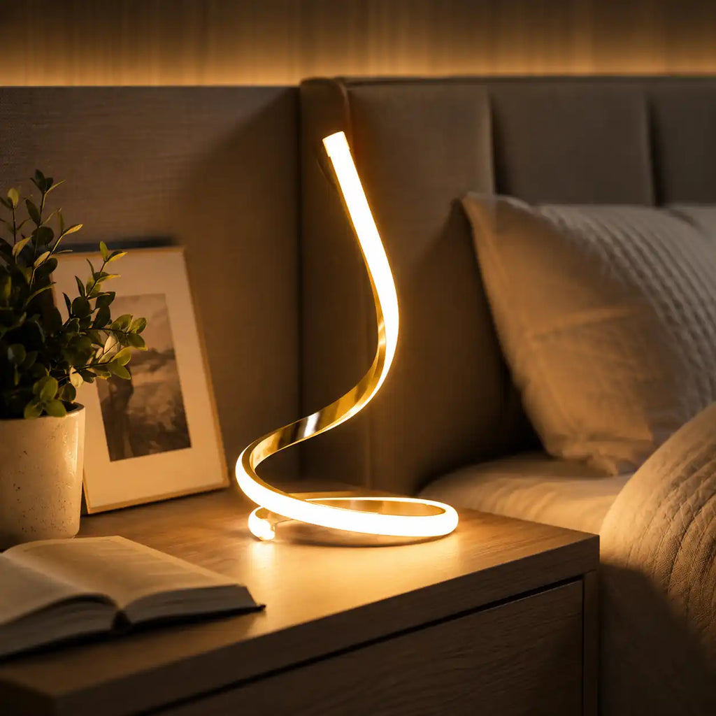Touch-control spiral LED bedside lamp – 3 colors and dimmable