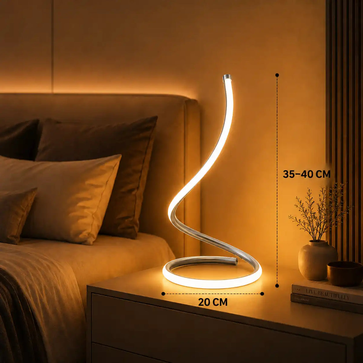 Touch-control spiral LED bedside lamp – 3 colors and dimmable