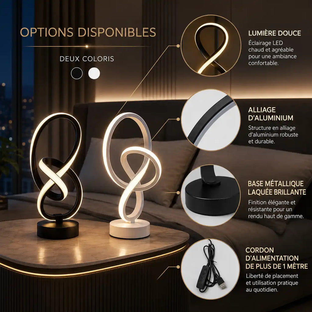 Lampe de chevet LED double hélice – 3 couleurs et commande tactile
