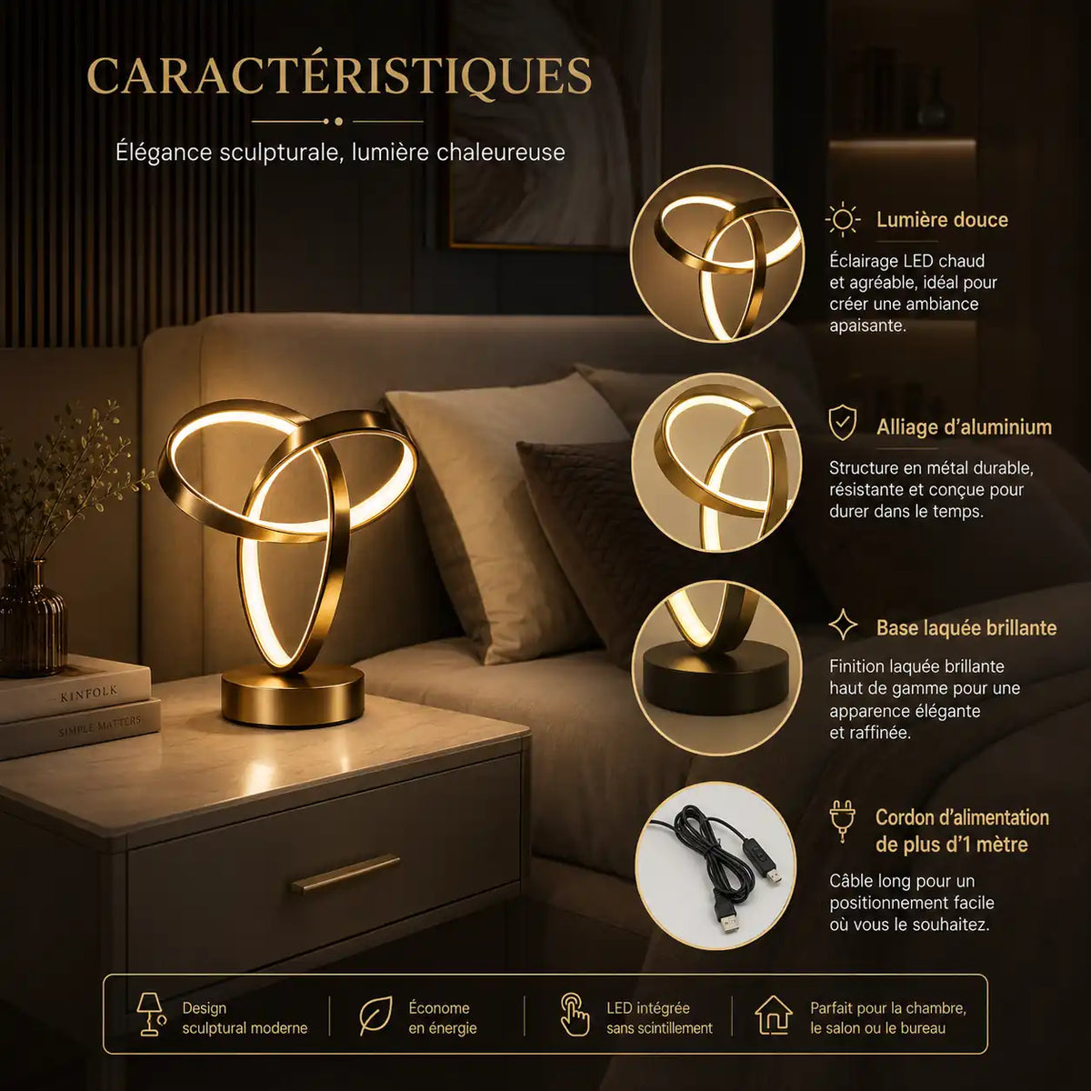 Lampe de chevet LED spirale à trois boucles – 3 couleurs de lumière