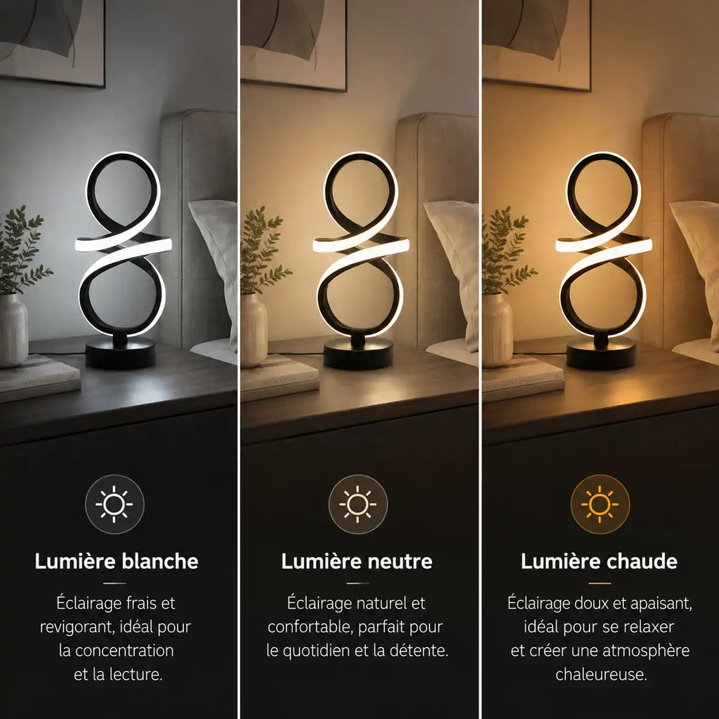 Lampe de chevet LED design infini – 3 températures de lumière