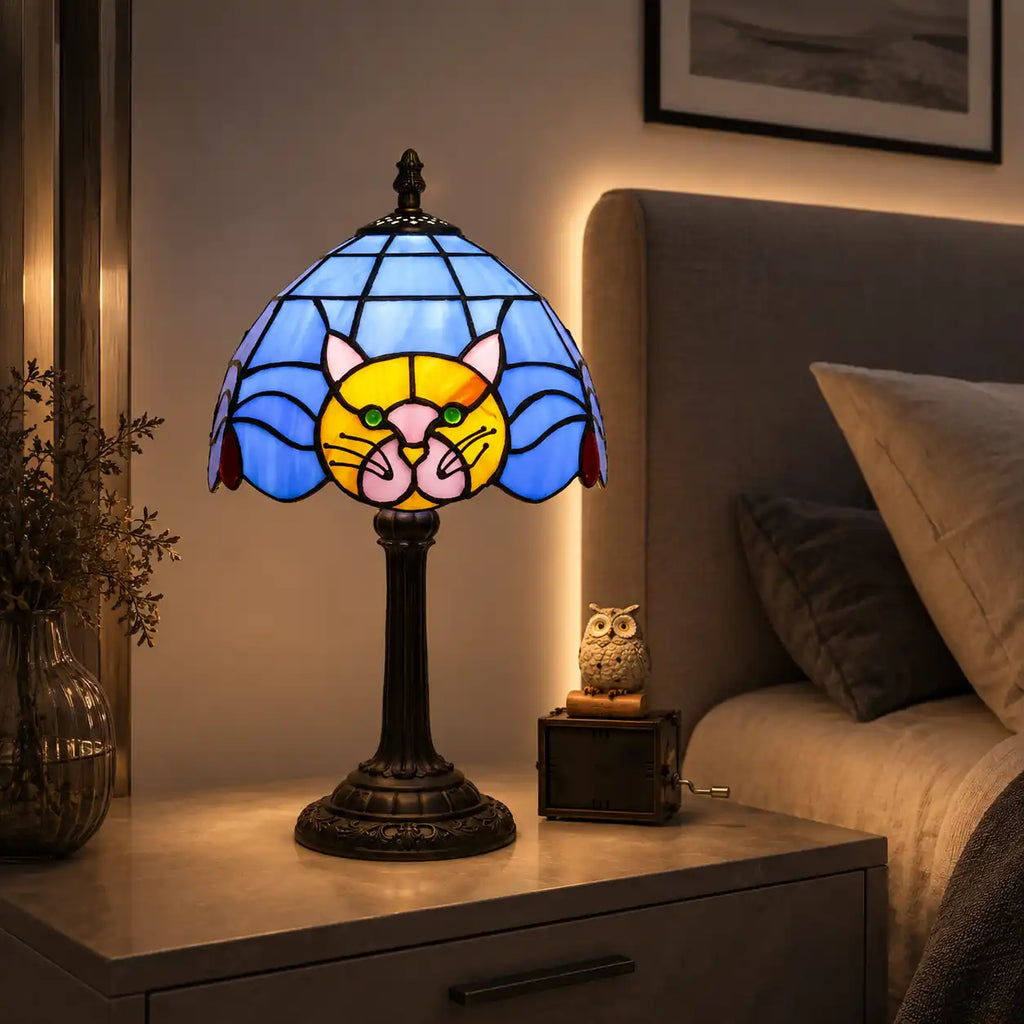 Lampe de chevet Tiffany chat – Abat-jour vitrail et pied rétro