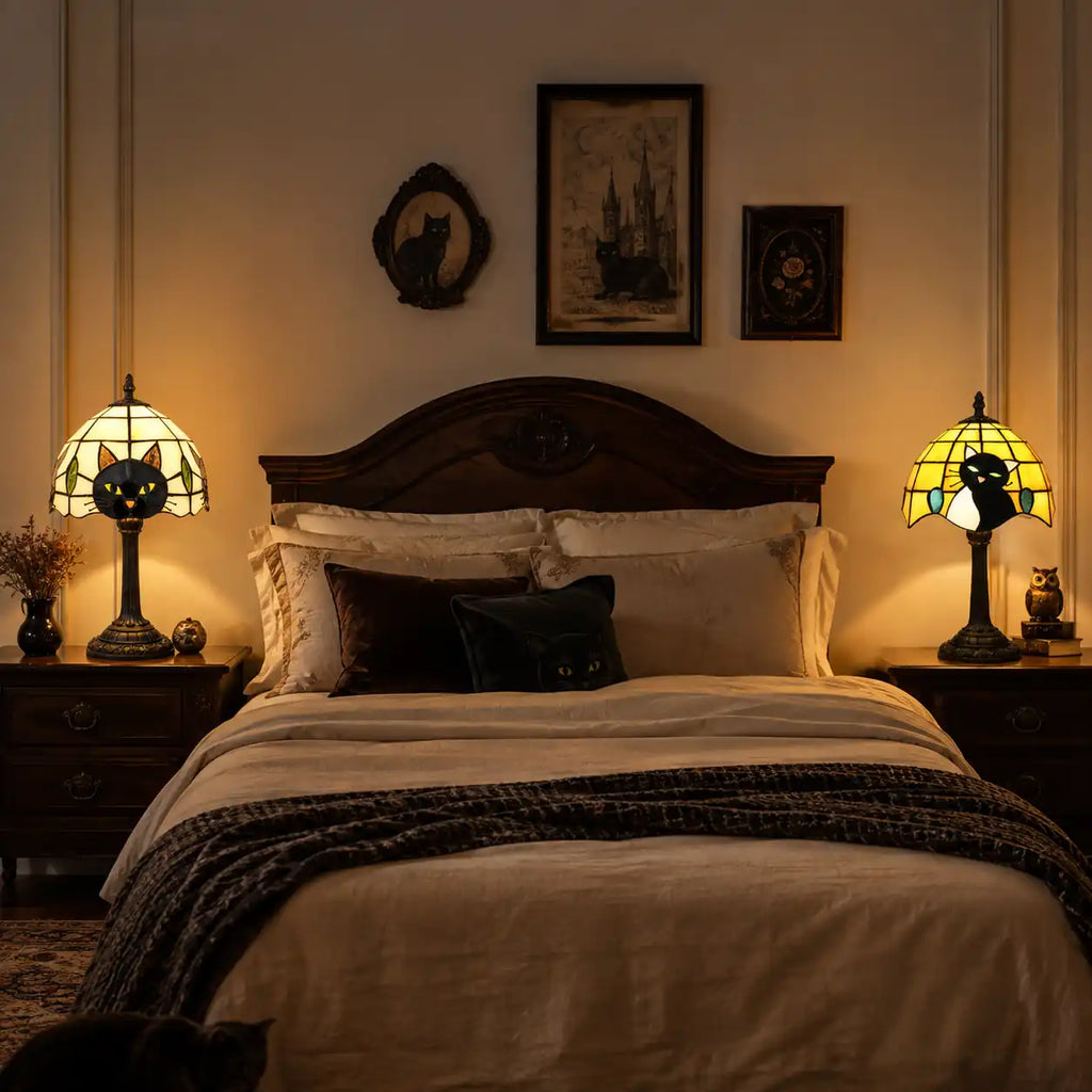 Lampe de chevet Tiffany chat – Abat-jour vitrail et pied rétro