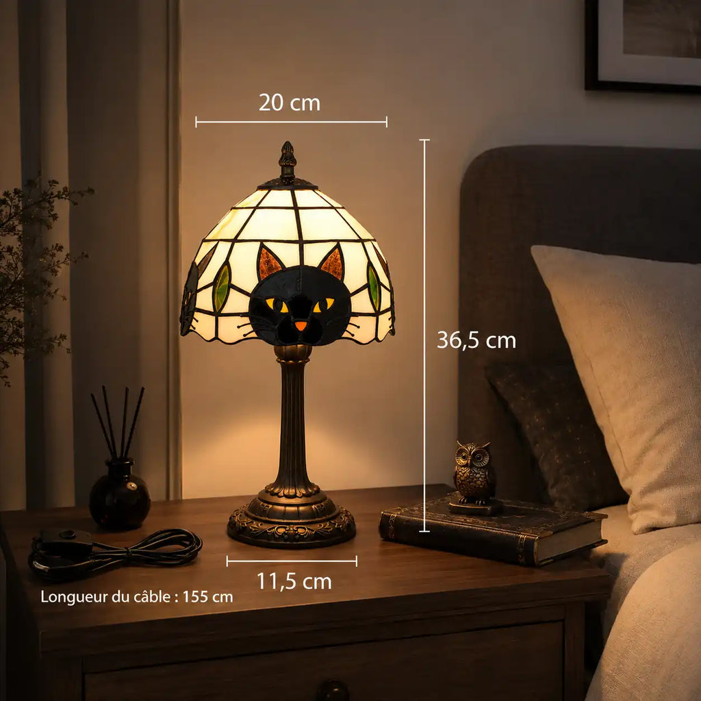 Lampe de chevet Tiffany chat – Abat-jour vitrail et pied rétro