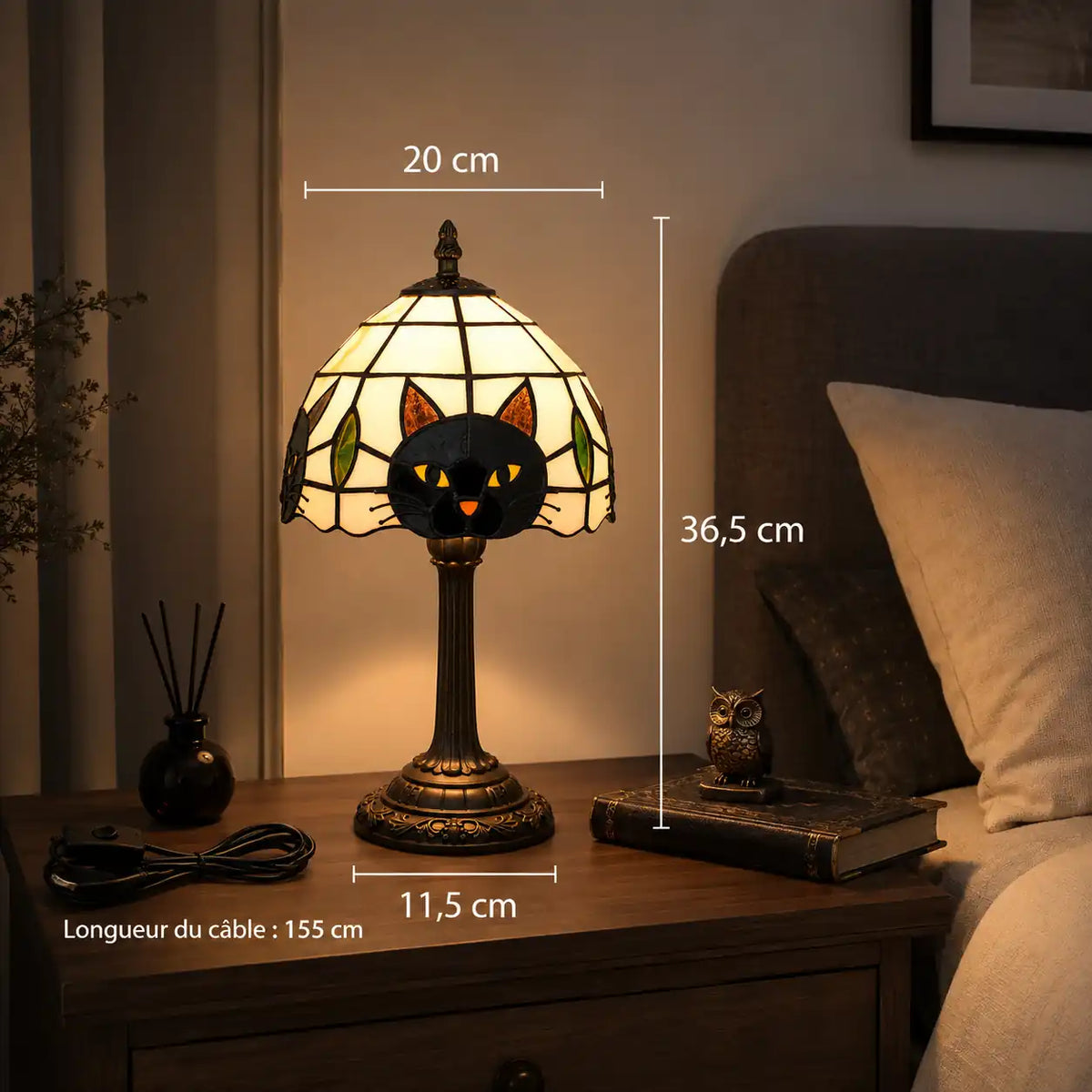 Lampe de chevet Tiffany chat – Abat-jour vitrail et pied rétro