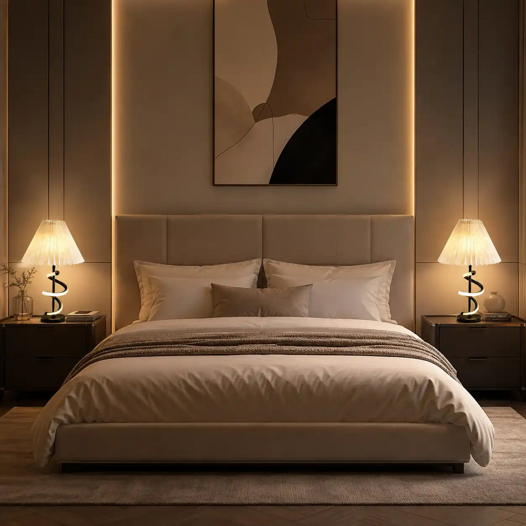 Spiral design bedside lamp with pleated lampshade
