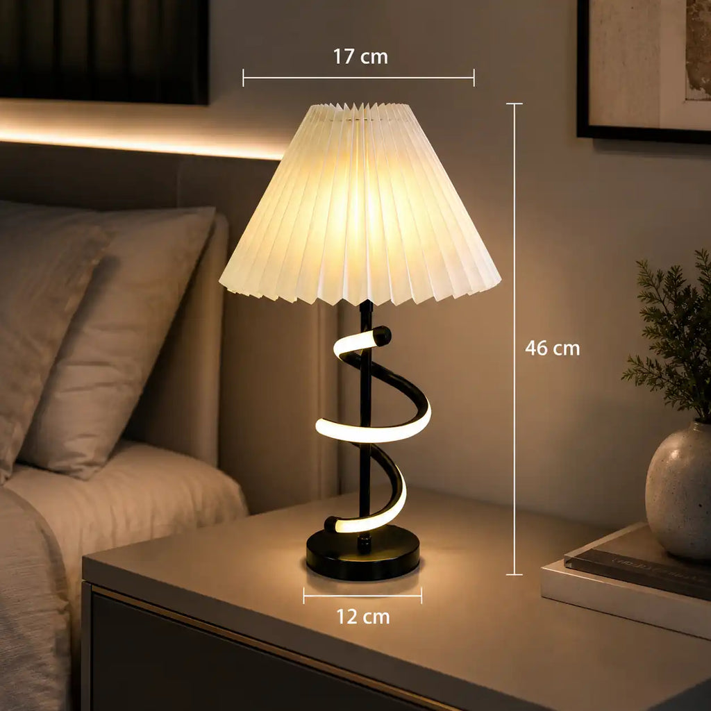 Spiral design bedside lamp with pleated lampshade