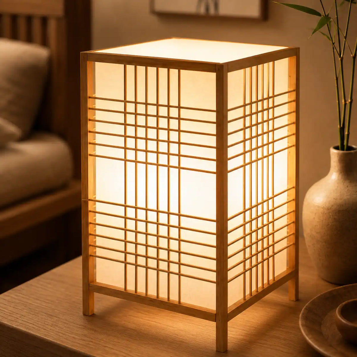 Petite lampe de chevet en bambou tressé – Lumière chaude et décorative