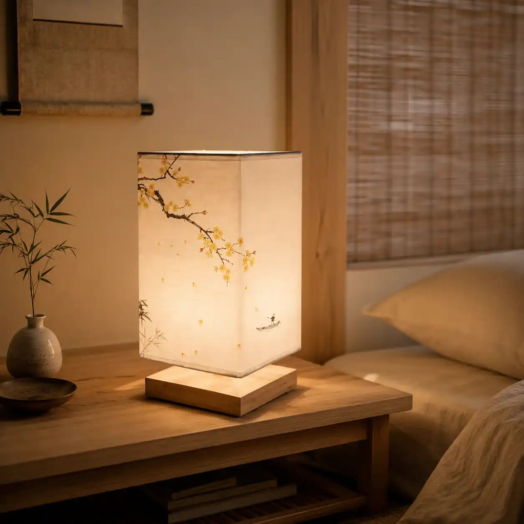 Japanese LED bedside lamp - Illustrated square lampshade and wooden base