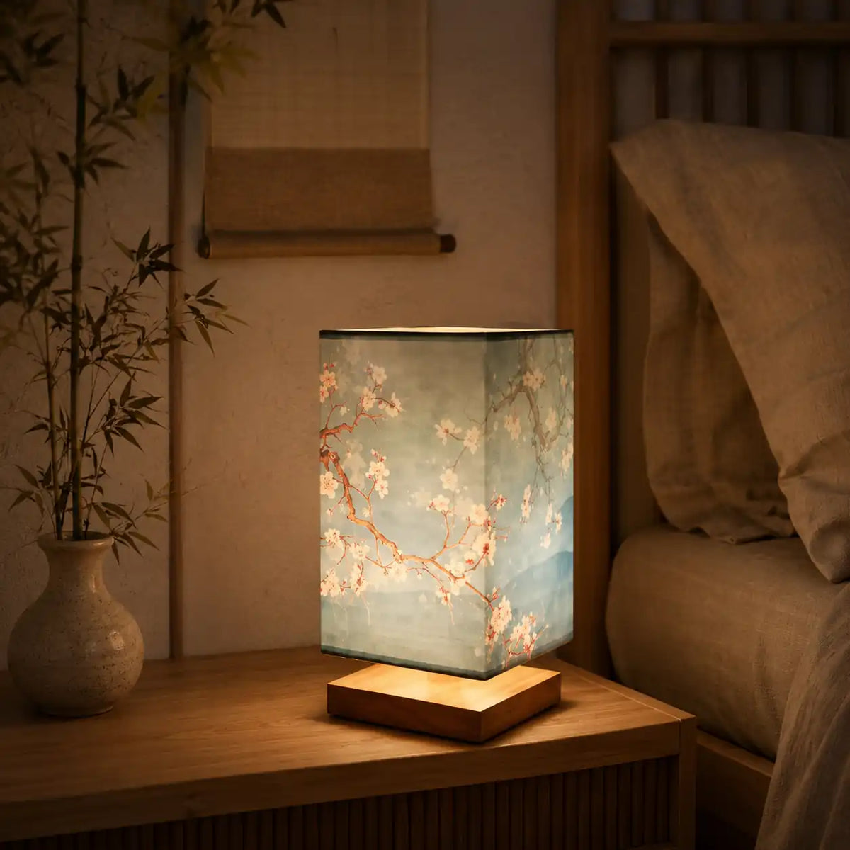 Japanese LED bedside lamp - Illustrated square lampshade and wooden base