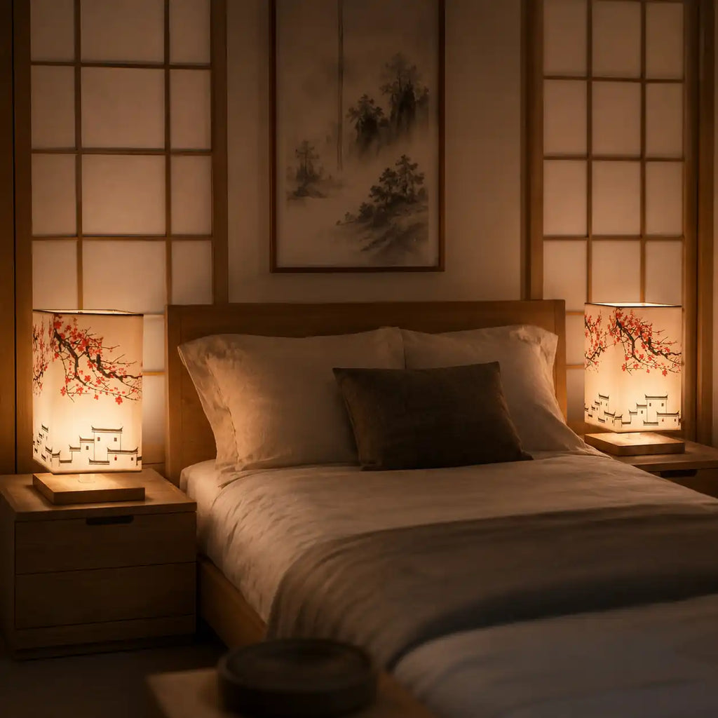 Japanese LED bedside lamp - Illustrated square lampshade and wooden base