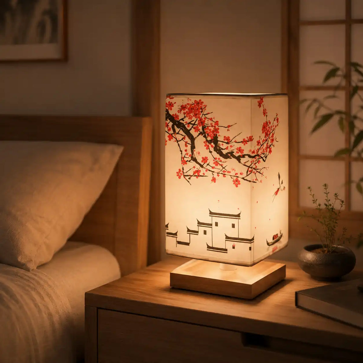 Japanese LED bedside lamp - Illustrated square lampshade and wooden base