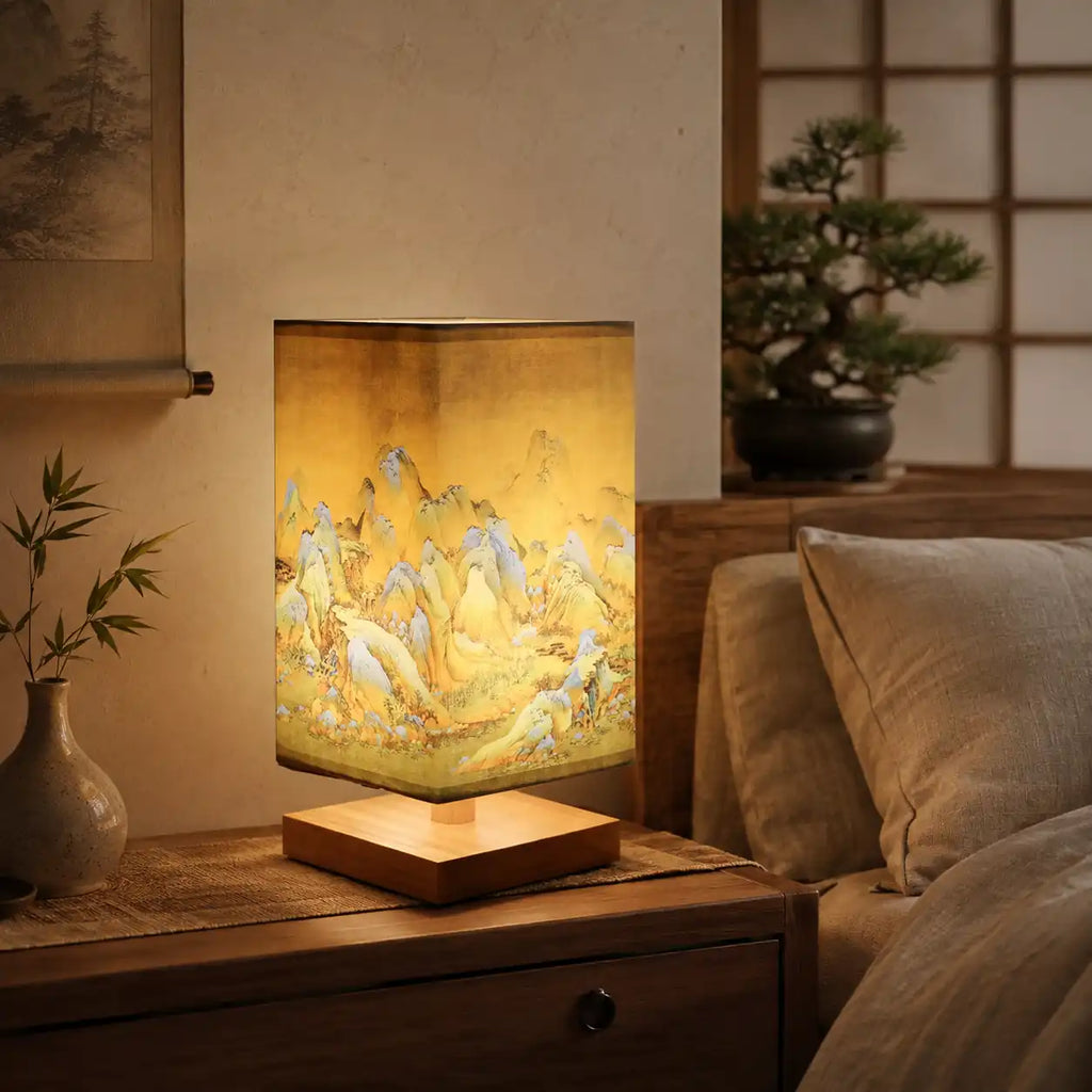 Japanese LED bedside lamp - Illustrated square lampshade and wooden base