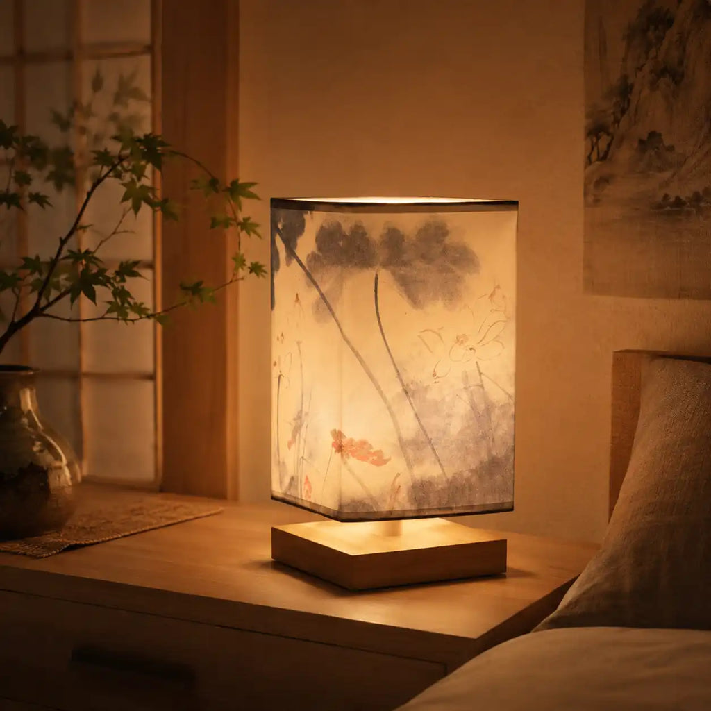 Japanese LED bedside lamp - Illustrated square lampshade and wooden base