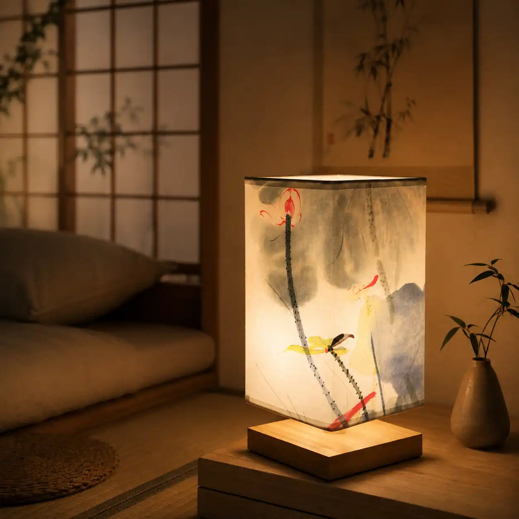 Japanese LED bedside lamp - Illustrated square lampshade and wooden base