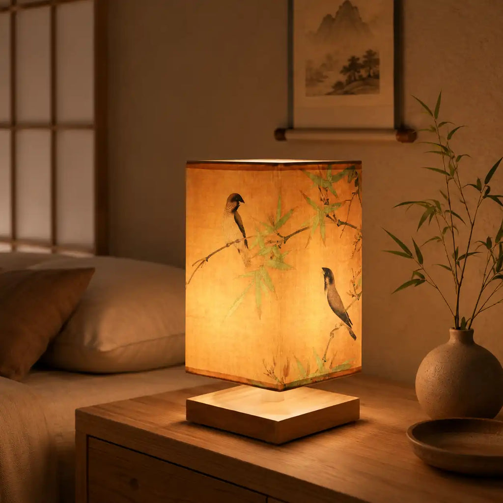 Japanese LED bedside lamp - Illustrated square lampshade and wooden base