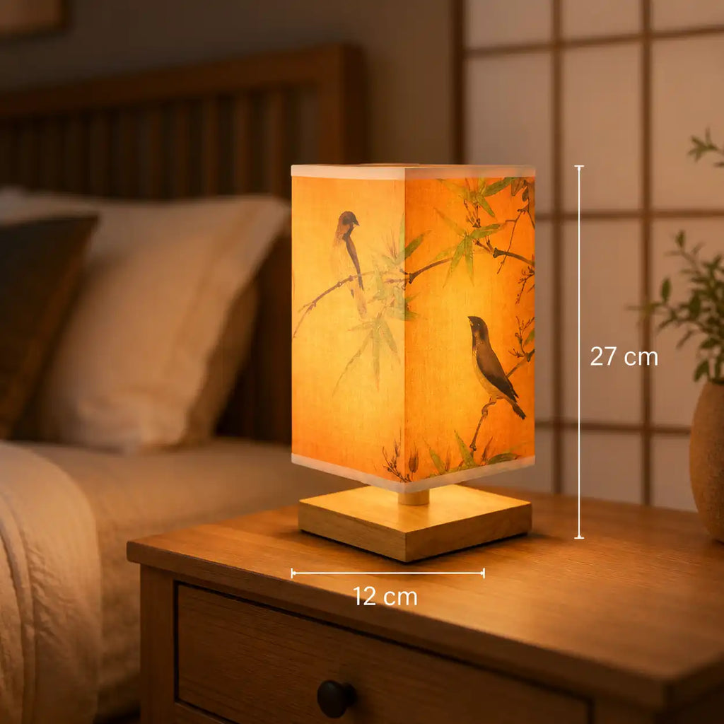 Japanese LED bedside lamp - Illustrated square lampshade and wooden base