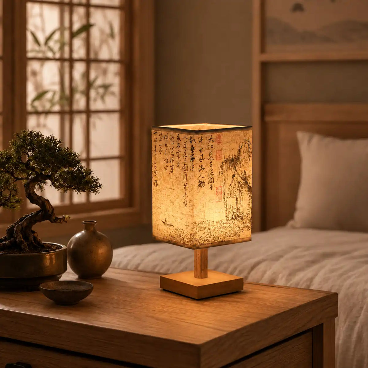 Lampe de chevet japonaise LED – Abat-jour décoratif sur pied en bois