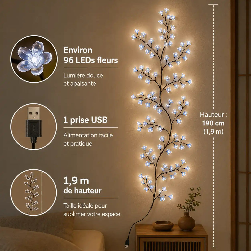 Lampe murale branche de cerisier LED – 96 fleurs lumineuses USB