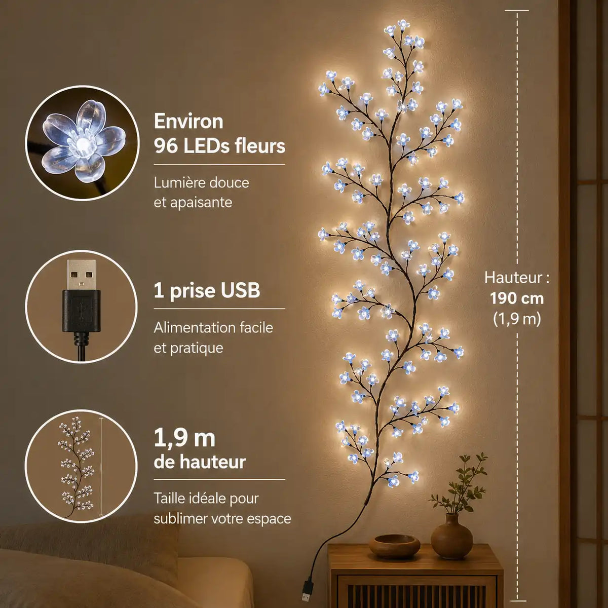 Lampe murale branche de cerisier LED – 96 fleurs lumineuses USB