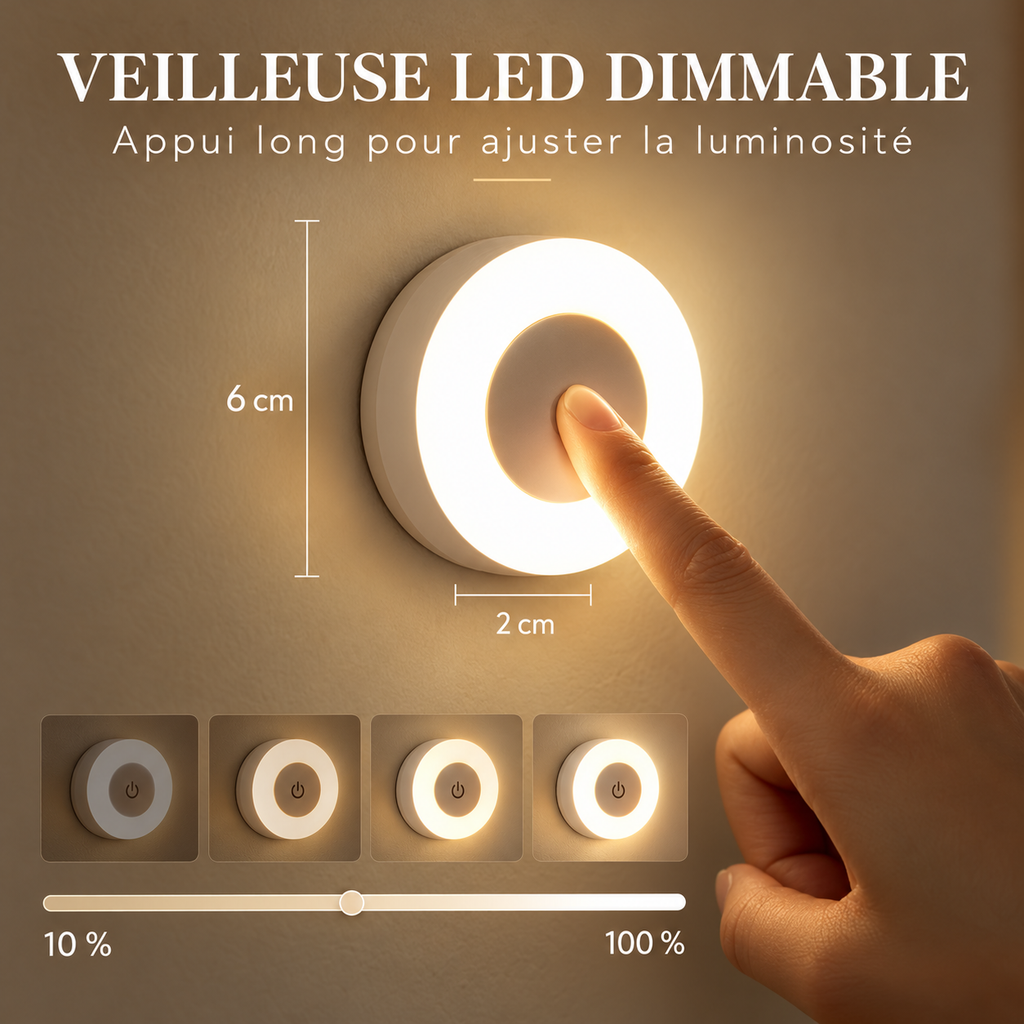 Veilleuse LED tactile rechargeable – 3 couleurs & luminosité réglable