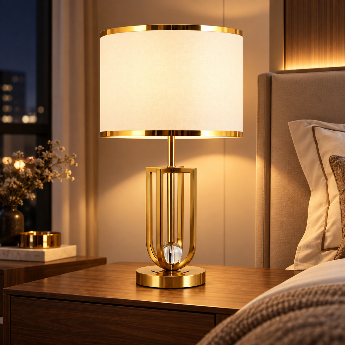 Lampe de chevet dorée Élégance – Abat-jour en tissu & détail cristal