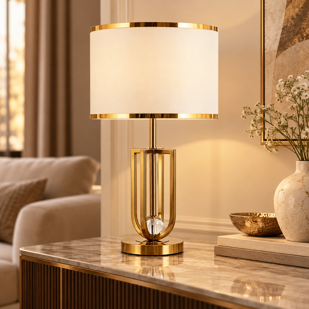 Lampe de chevet dorée Élégance – Abat-jour en tissu & détail cristal