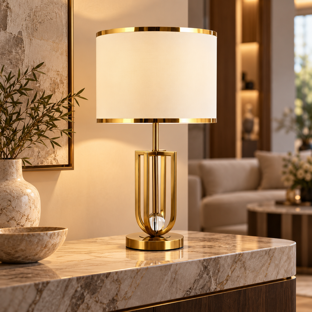 Lampe de chevet dorée Élégance – Abat-jour en tissu & détail cristal
