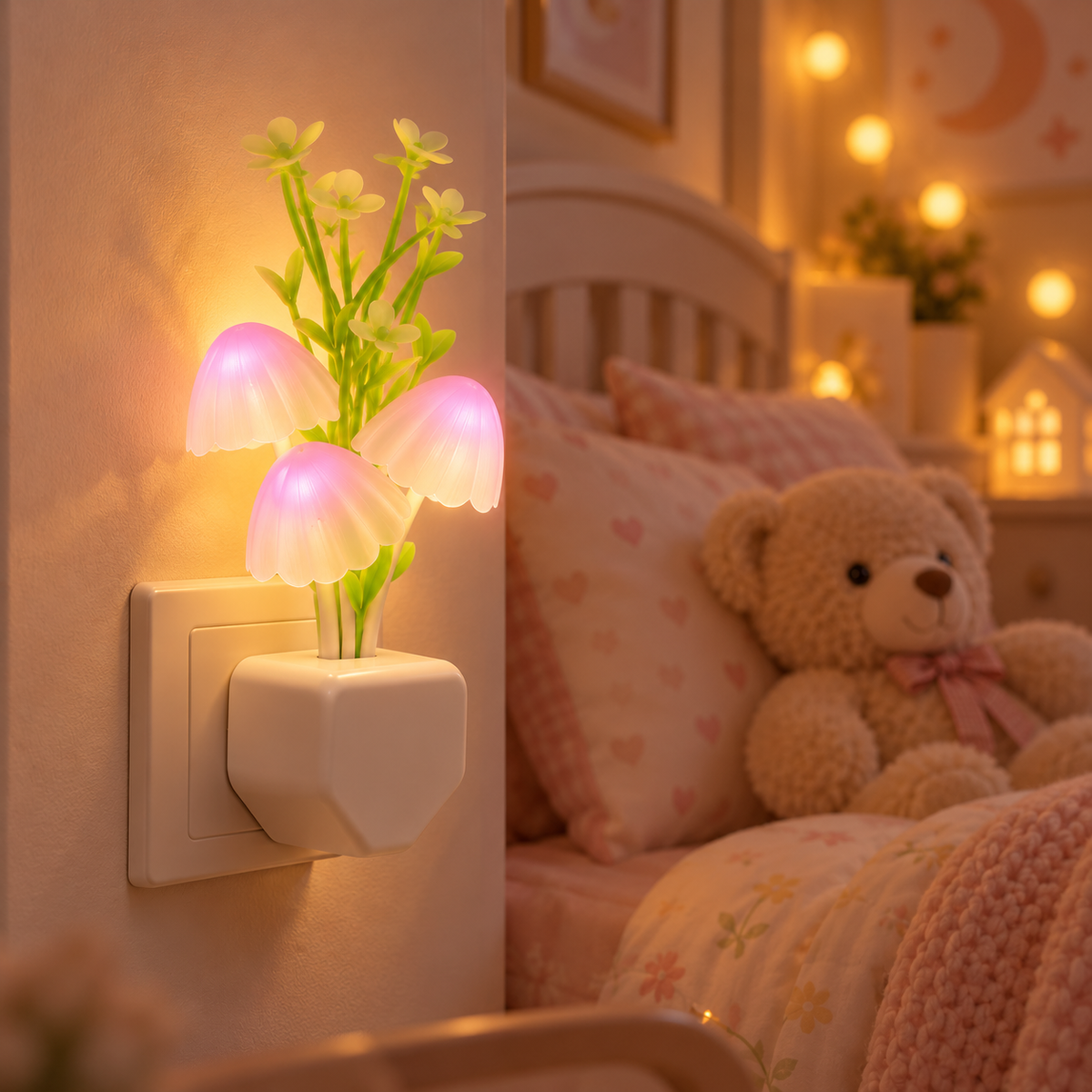 Lampe champignon LED à 3 têtes – Veilleuse multicolore sur prise secteur