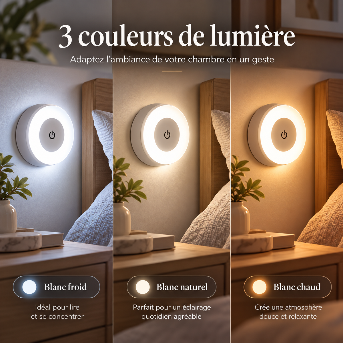 Veilleuse LED tactile rechargeable – 3 couleurs & luminosité réglable
